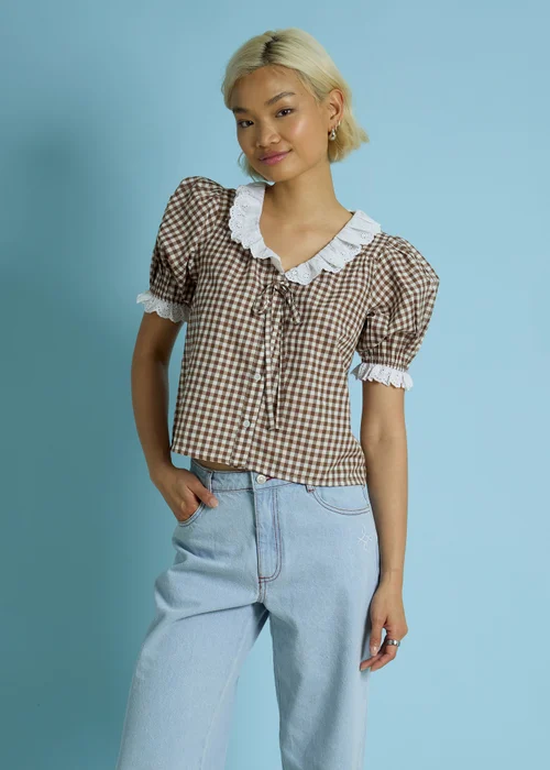 Neon Rose Brown Cotton Stretch Broderie Trim Gingham Blouse - L Image 1