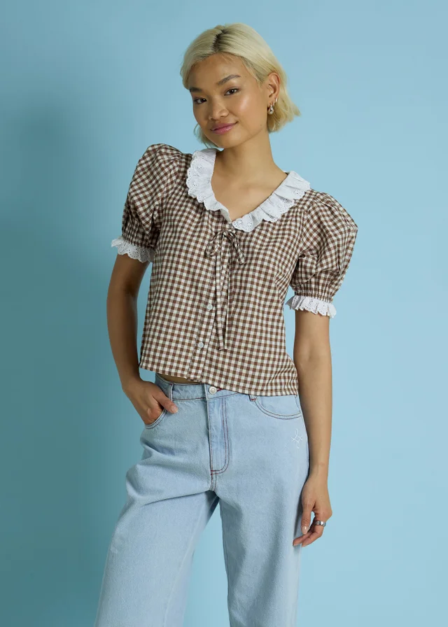 Neon Rose Brown Cotton Stretch Broderie Trim Gingham Blouse