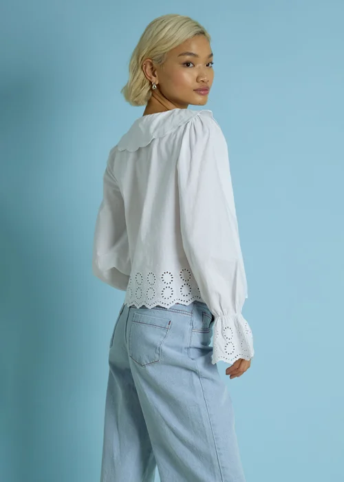 Neon Rose White Cotton Broiderie Trim Frill Cuff Blouse - M Image 5