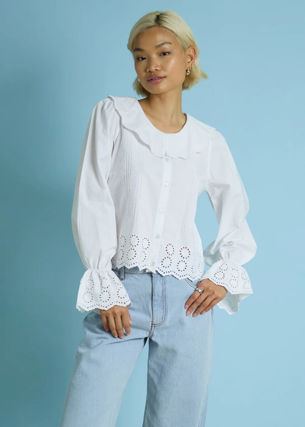 Neon Rose White Cotton Broiderie Trim Frill Cuff Blouse - M Image 3