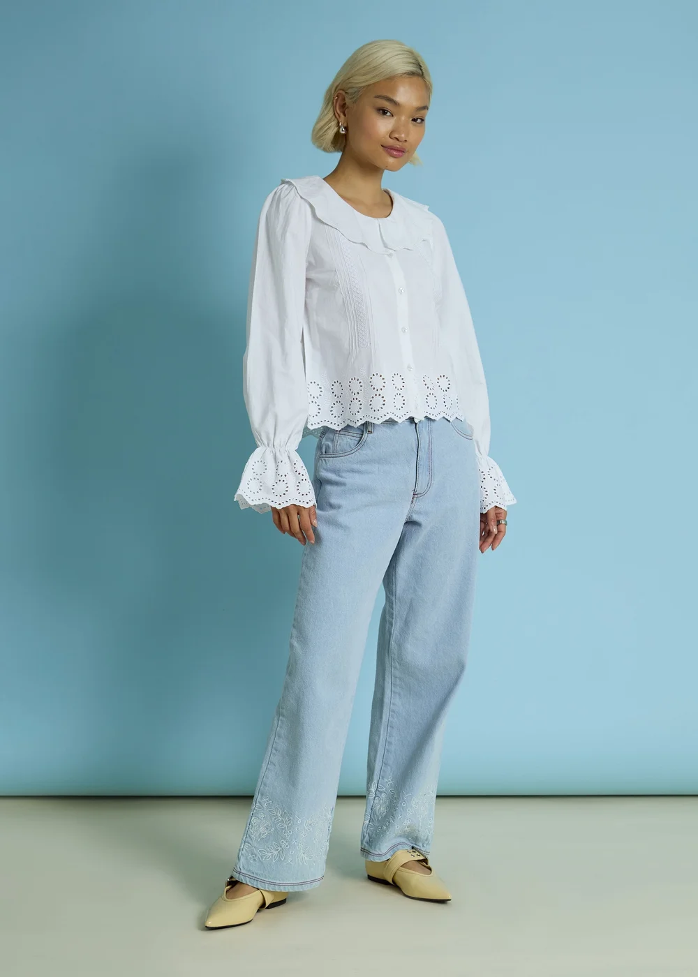 Neon Rose White Cotton Broiderie Trim Frill Cuff Blouse - M Image 4