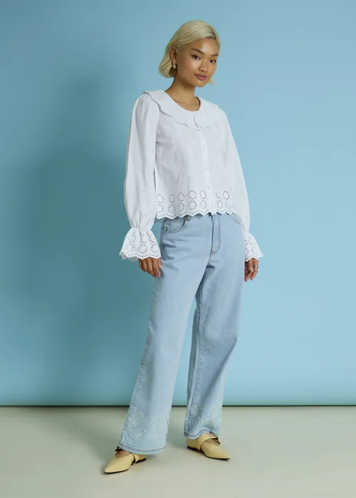 Neon Rose White Cotton Broiderie Trim Frill Cuff Blouse - M Image 4