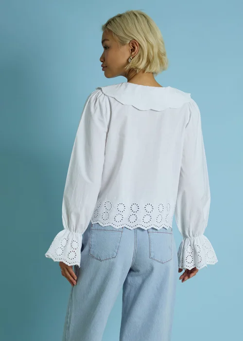 Neon Rose White Cotton Broiderie Trim Frill Cuff Blouse - M Image 2