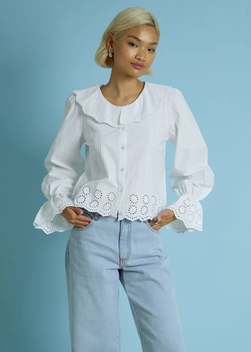 Neon Rose White Cotton Broiderie Trim Frill Cuff Blouse - M Image 1