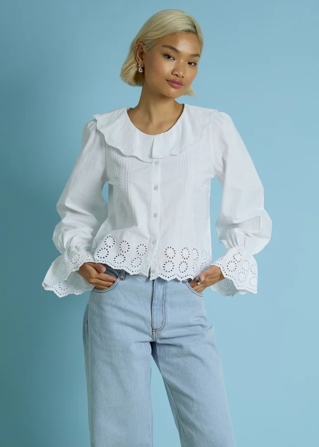 Neon Rose White Cotton Broiderie Trim Frill Cuff Blouse