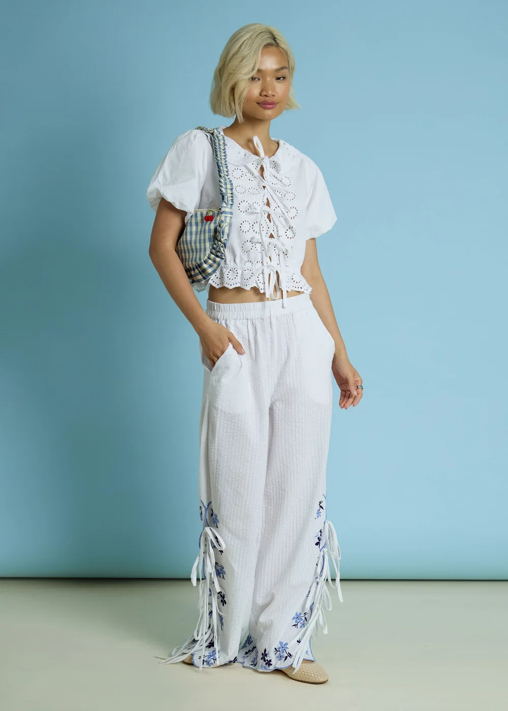 Neon Rose White Cotton Broderie Tie Front Blouse - XS Image 4