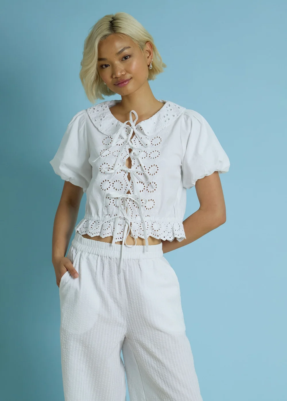 Neon Rose White Cotton Broderie Tie Front Blouse - XS Image 1