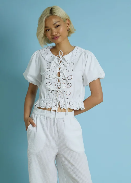 Neon Rose White Cotton Broderie Tie Front Blouse - XS Image 1