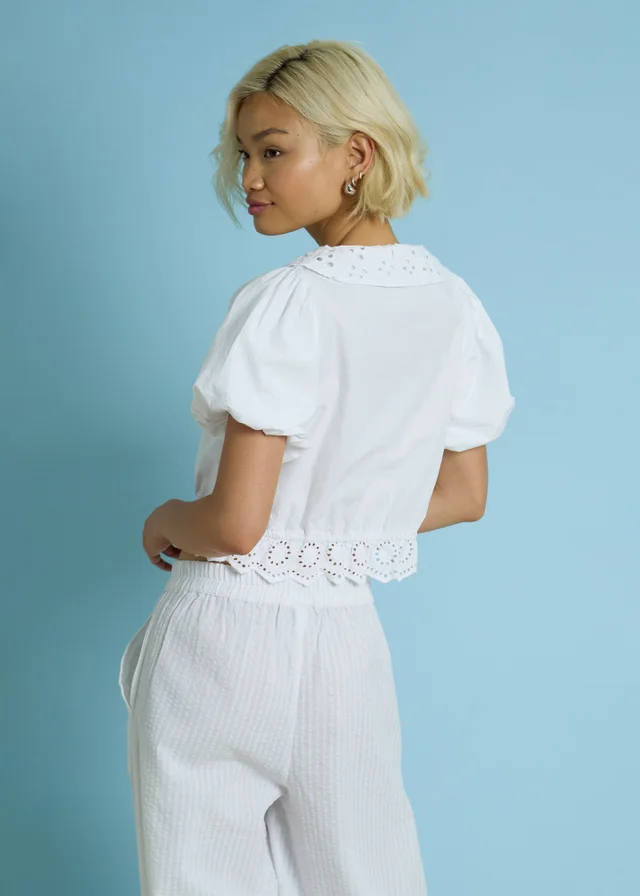 Neon Rose White Cotton Broderie Tie Front Blouse