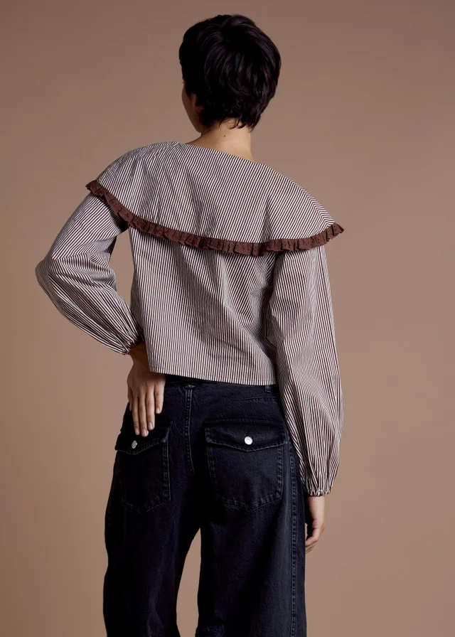 Neon Rose Brown Cotton Stripe Oversized Collar Blouse