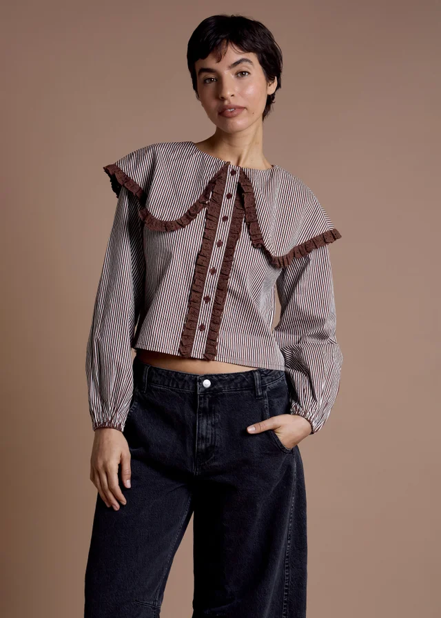 Neon Rose Brown Cotton Stripe Oversized Collar Blouse