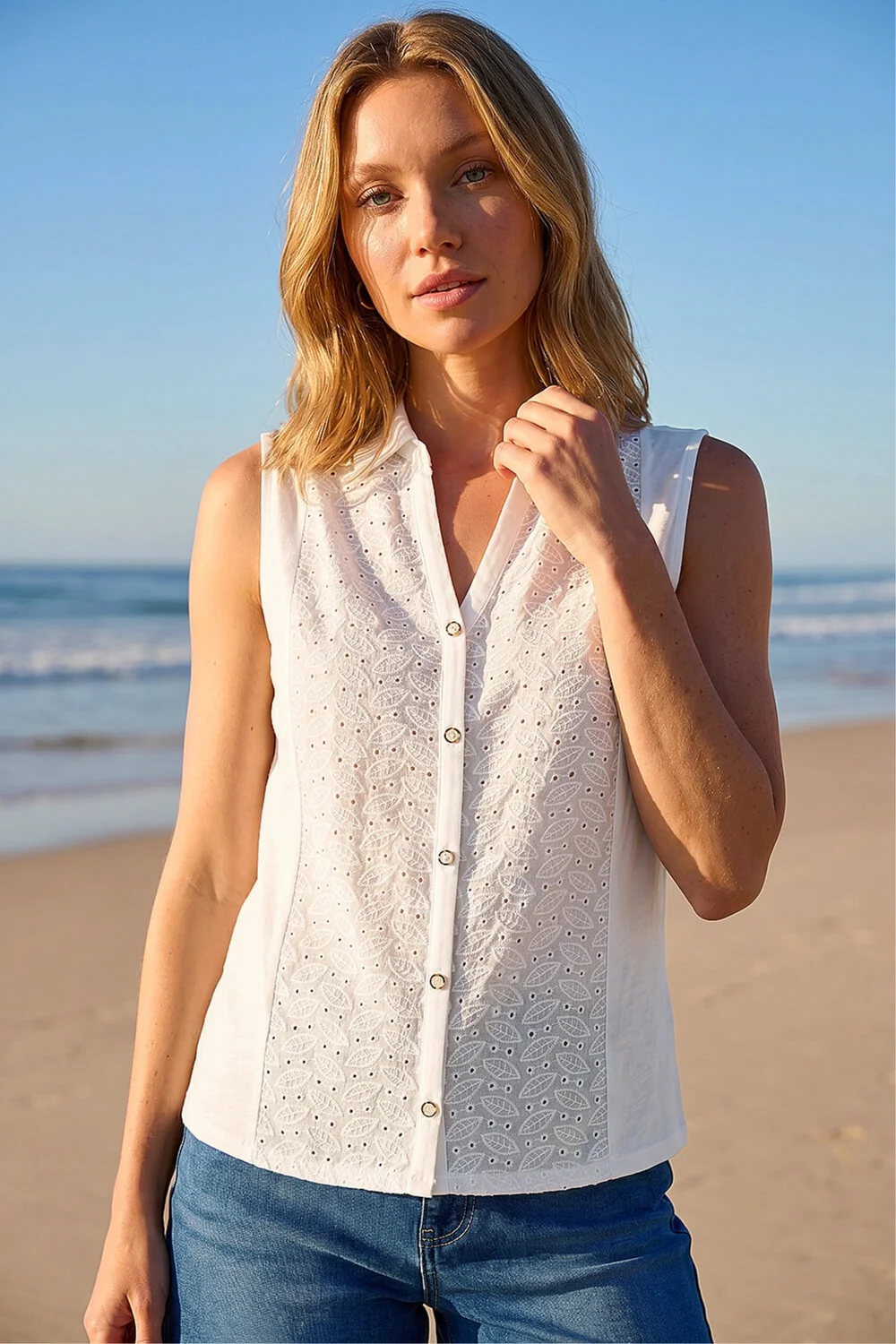 Roman Ivory Broderie Collared Vest Top - 14 Image 1