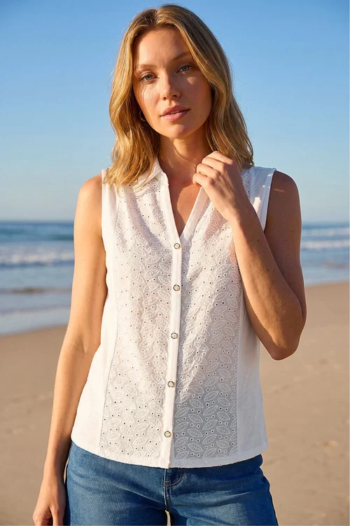 Roman Ivory Broderie Collared Vest Top - 14 Image 1