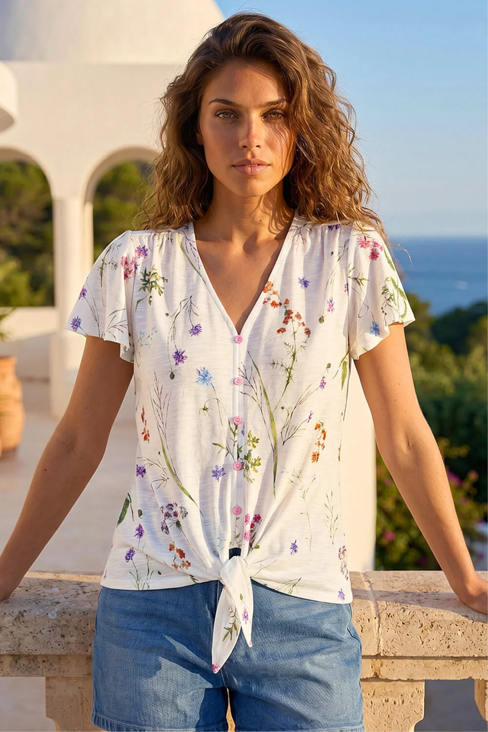 Roman Ivory Floral Print Tie Front Top - 10 Image 2