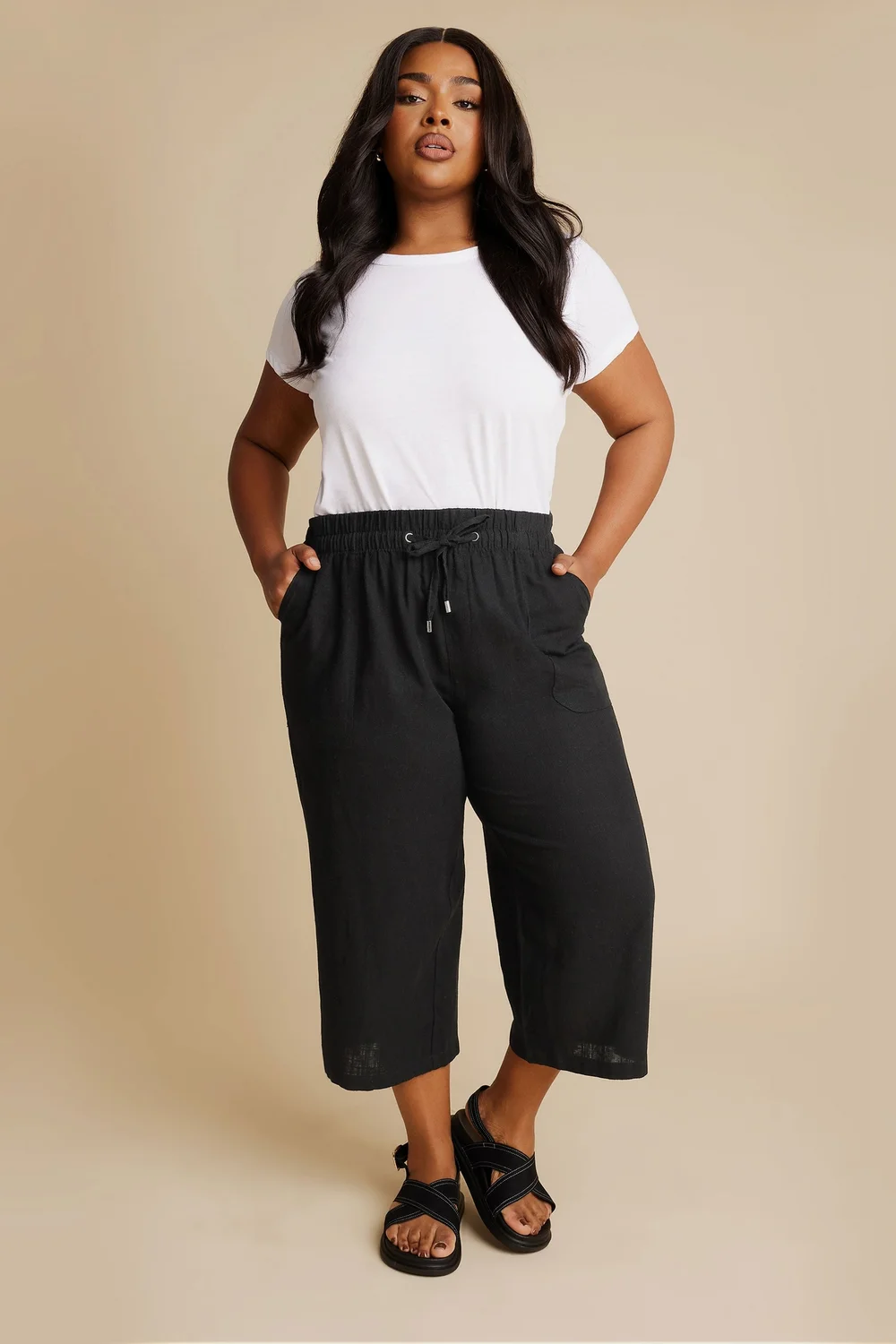Yours Curve Black Linen Cropped Trousers - 20 Image 2