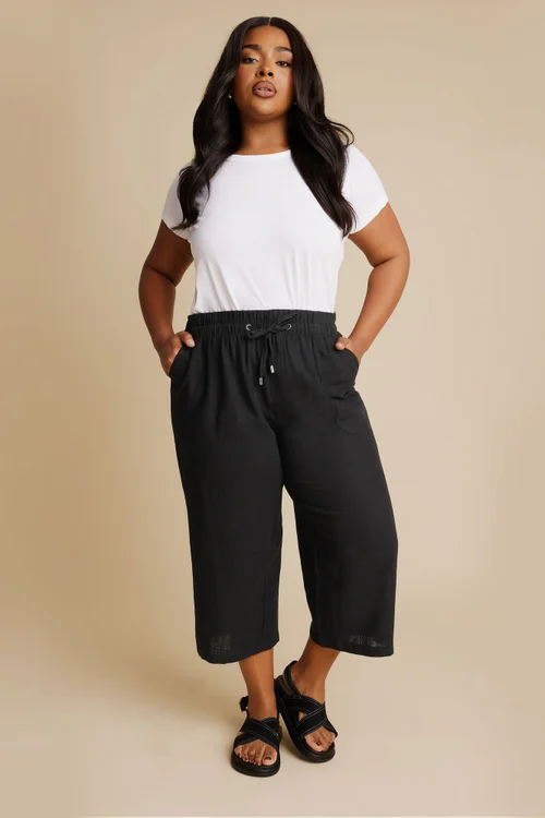 Yours Curve Black Linen Cropped Trousers - 20 Image 2