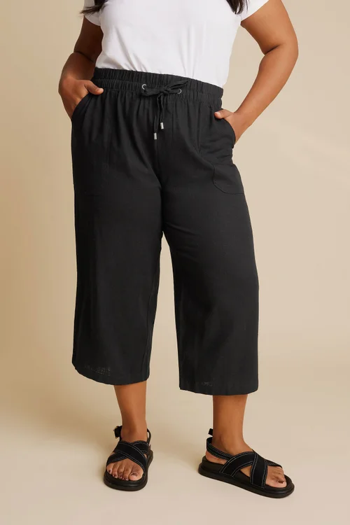 Yours Curve Black Linen Cropped Trousers - 20 Image 1