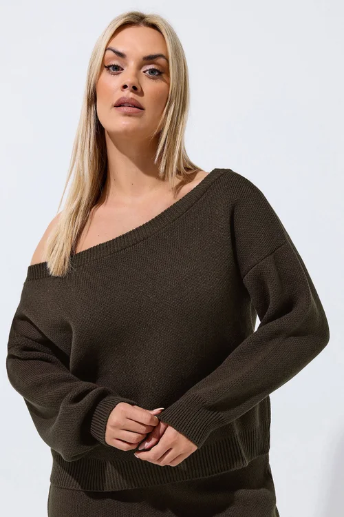 Yours Limited Curve Chocolate Brown Knitted Off Shoulder Jumper - 26-28 Image 1
