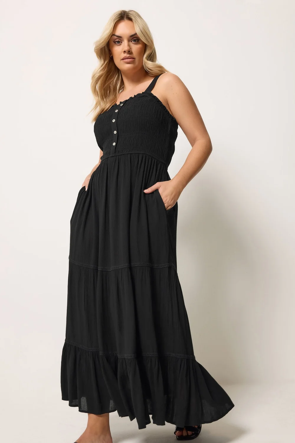 Yours Curve Black Shirred Placket Dress - 22-24 Image 2