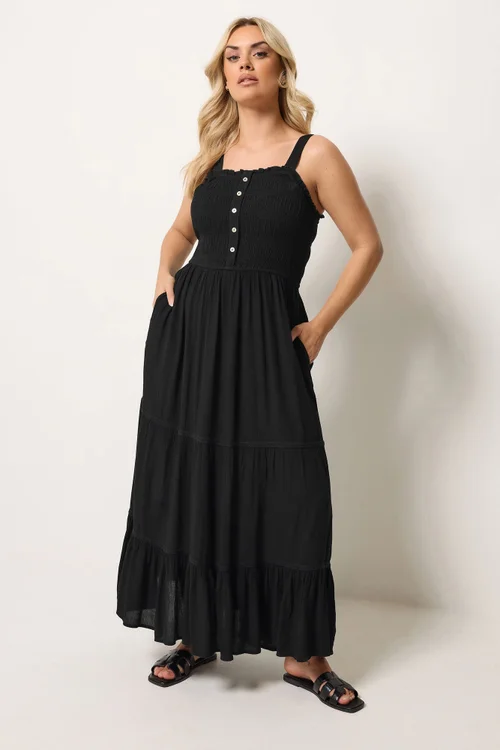 Yours Curve Black Shirred Placket Dress - 22-24 Image 1