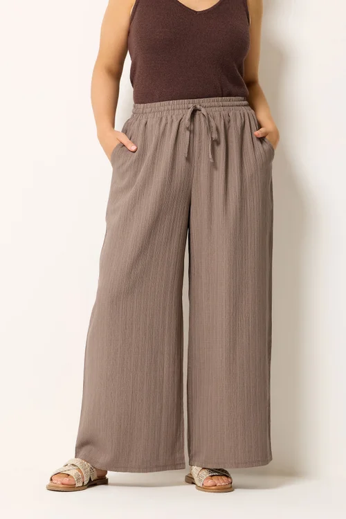 Yours Curve Natural Brown Wide Leg Textured Trousers - 22-24/L28 Image 2