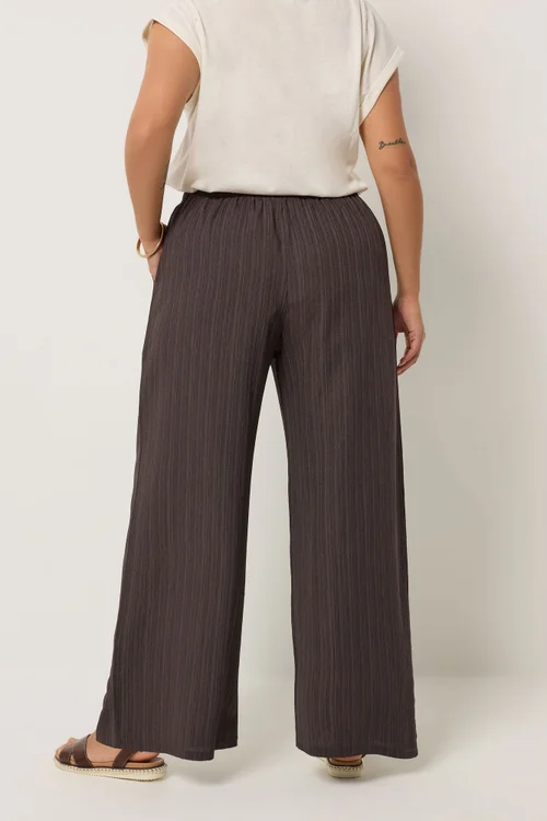 Yours Curve Brown Wide Leg Textured Trousers - 22-24/L28 Image 3