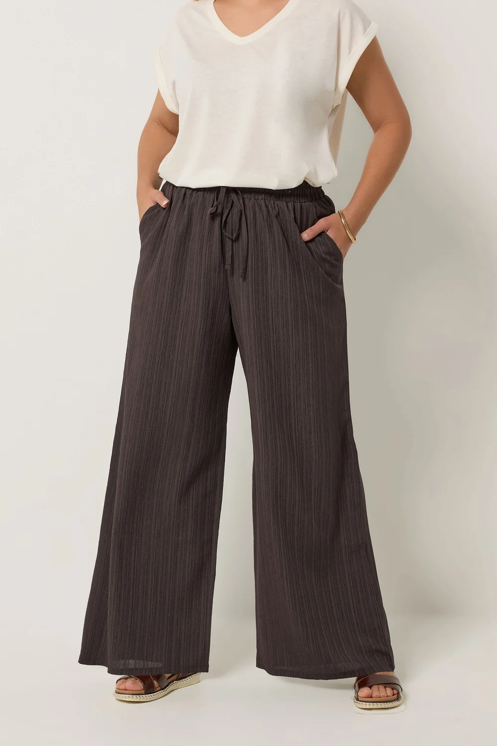 Yours Curve Brown Wide Leg Textured Trousers - 22-24/L28 Image 1