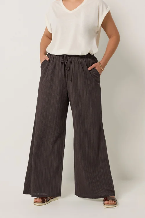 Yours Curve Brown Wide Leg Textured Trousers - 22-24/L28 Image 1