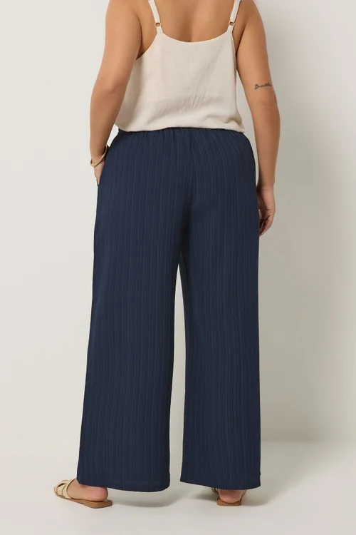Yours Curve Navy Blue Wide Leg Textured Trousers - 26-28/L28 Image 3