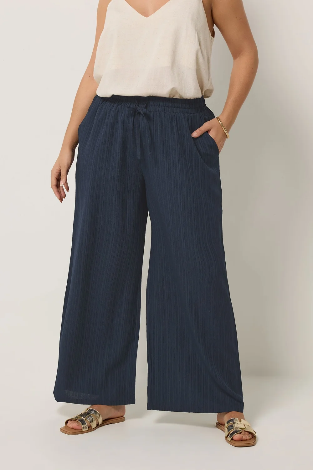 Yours Curve Navy Blue Wide Leg Textured Trousers - 26-28/L28 Image 1