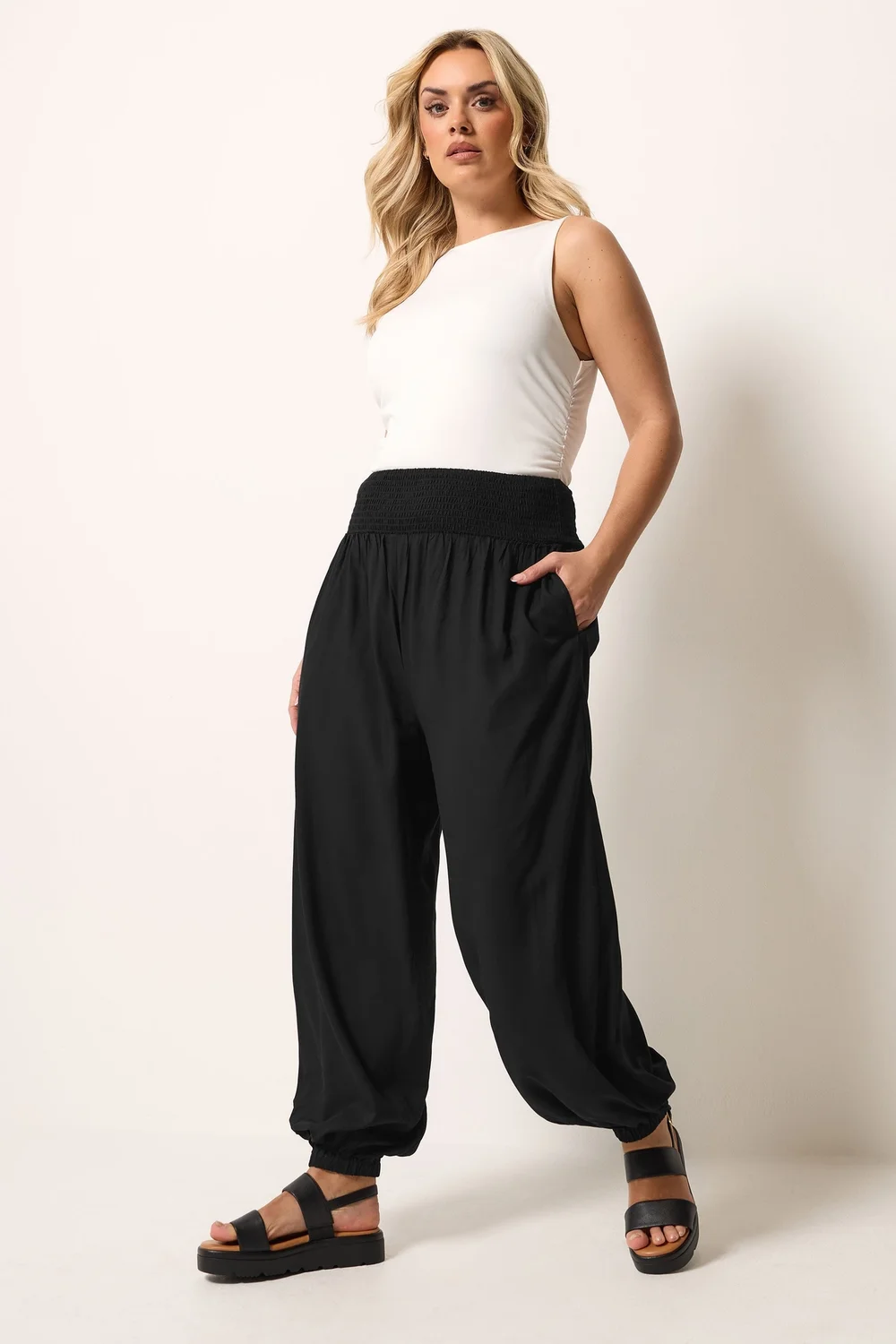 Yours Curve Black Harem Shirred Waist Trousers - 18 Image 2