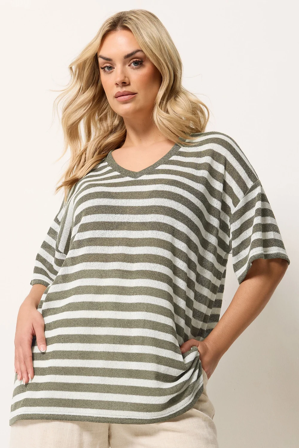 Yours Curve Khaki Green & Ivory White Stripe Knitted T-Shirt - 20 Image 1