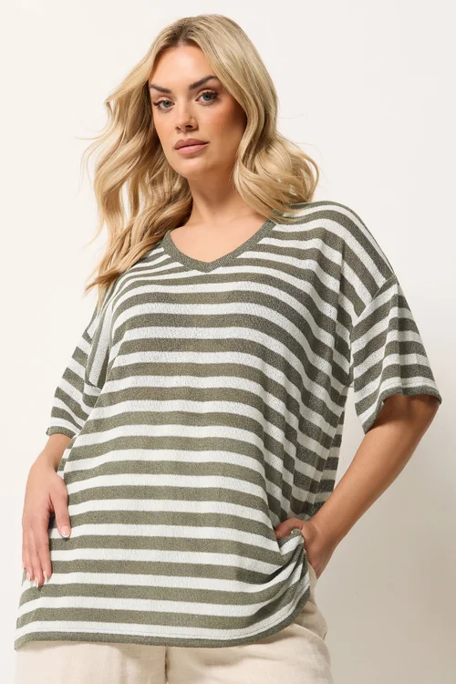 Yours Curve Khaki Green & Ivory White Stripe Knitted T-Shirt - 20 Image 1