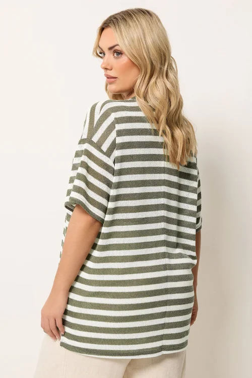 Yours Curve Khaki Green & Ivory White Stripe Knitted T-Shirt - 20 Image 3