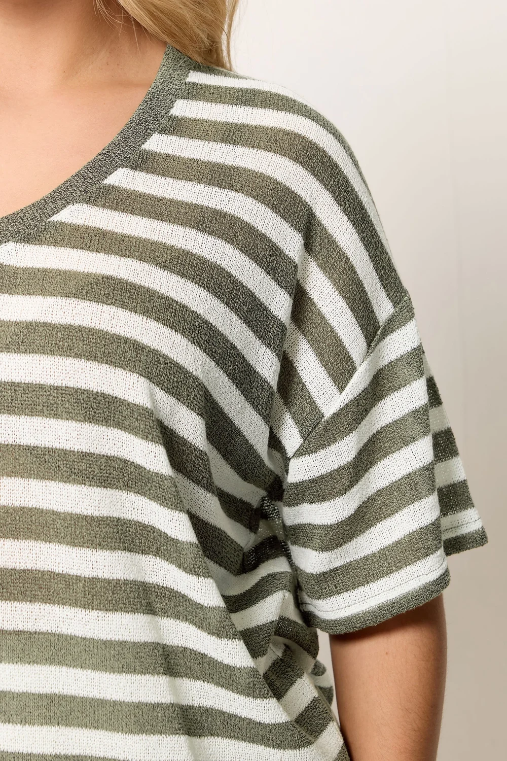 Yours Curve Khaki Green & Ivory White Stripe Knitted T-Shirt - 20 Image 4