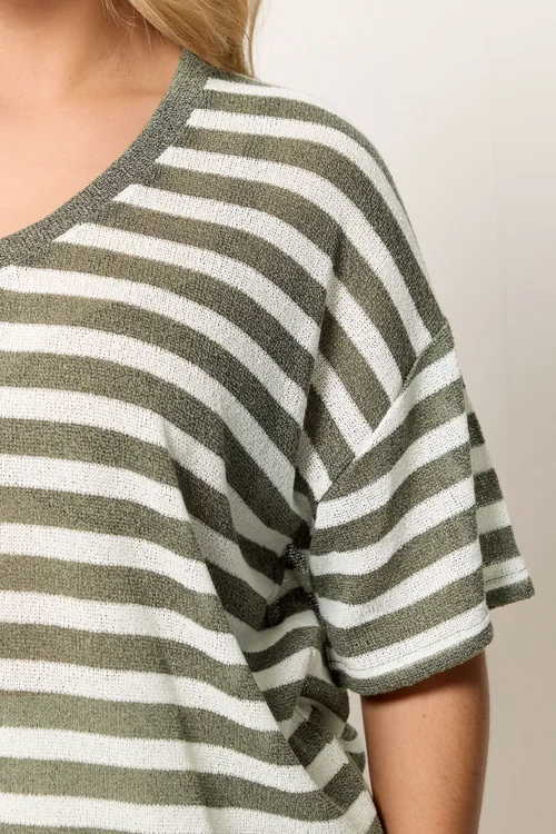 Yours Curve Khaki Green & Ivory White Stripe Knitted T-Shirt - 20 Image 4