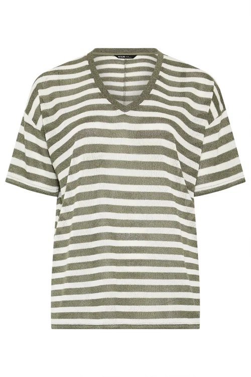 Yours Curve Khaki Green & Ivory White Stripe Knitted T-Shirt - 20 Image 5