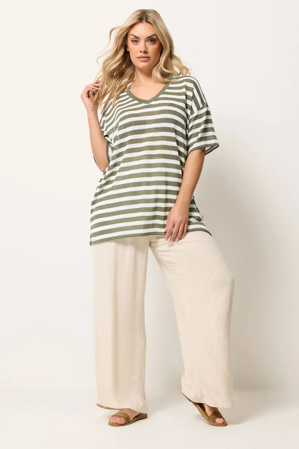 Yours Curve Khaki Green & Ivory White Stripe Knitted T-Shirt - 20 Image 2