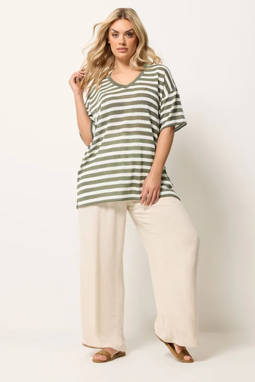 Yours Curve Khaki Green & Ivory White Stripe Knitted T-Shirt - 20 Image 2