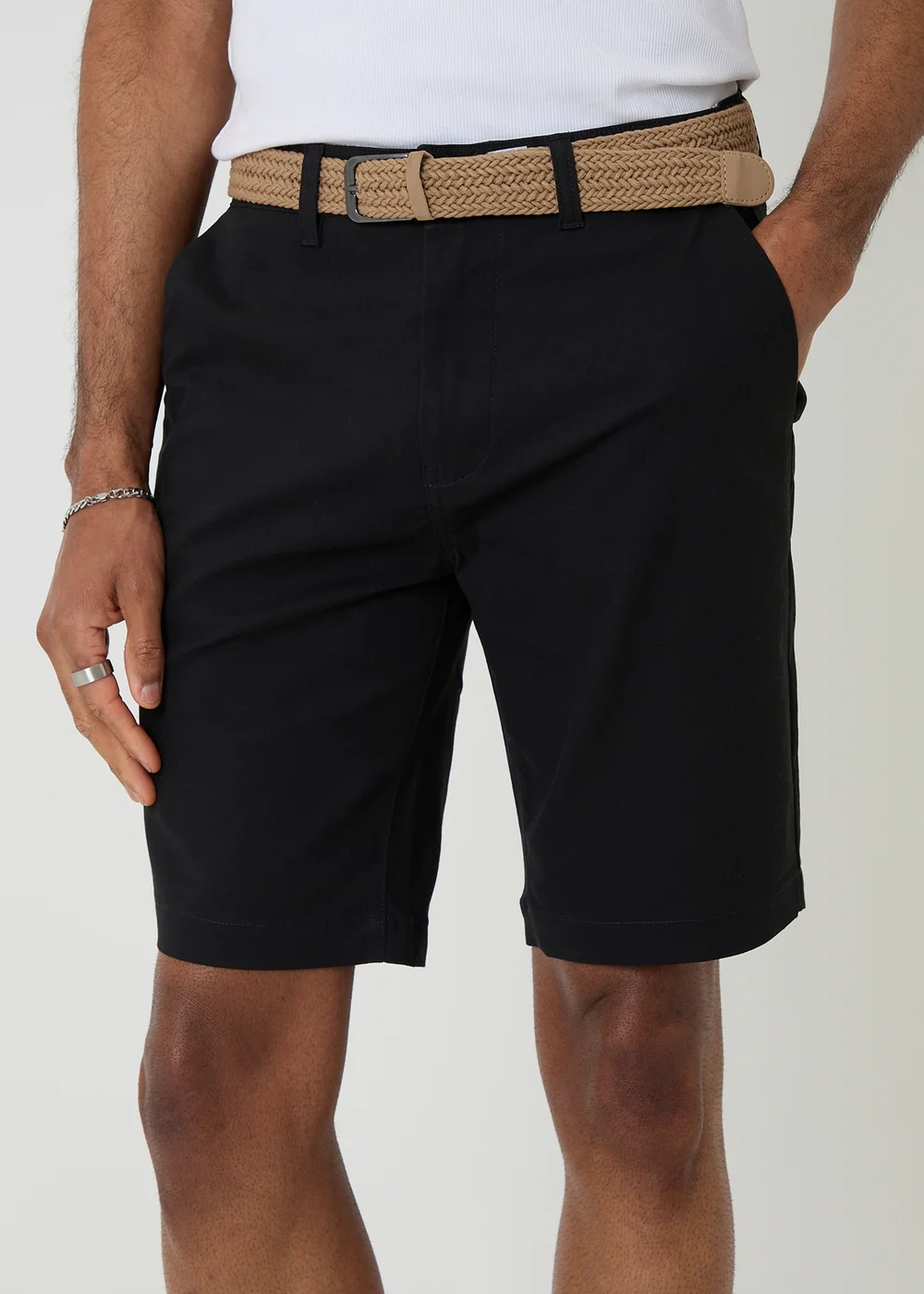 Threadbare Black Cotton Chino Shorts with Woven Belt - 36/L32 Image 4