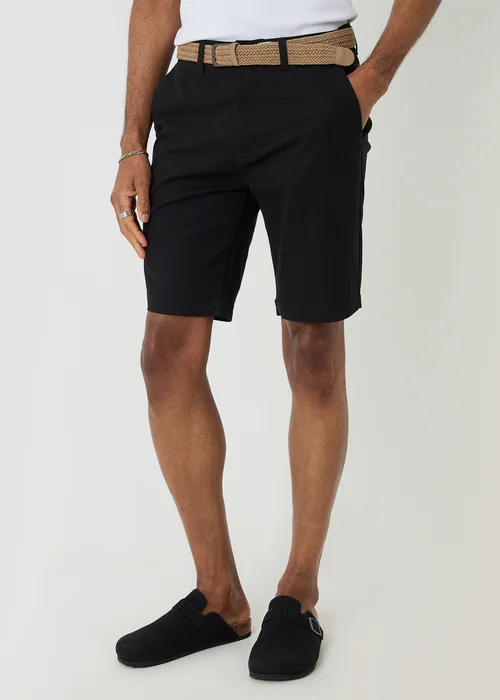 Threadbare Black Cotton Chino Shorts with Woven Belt - 36/L32 Image 1