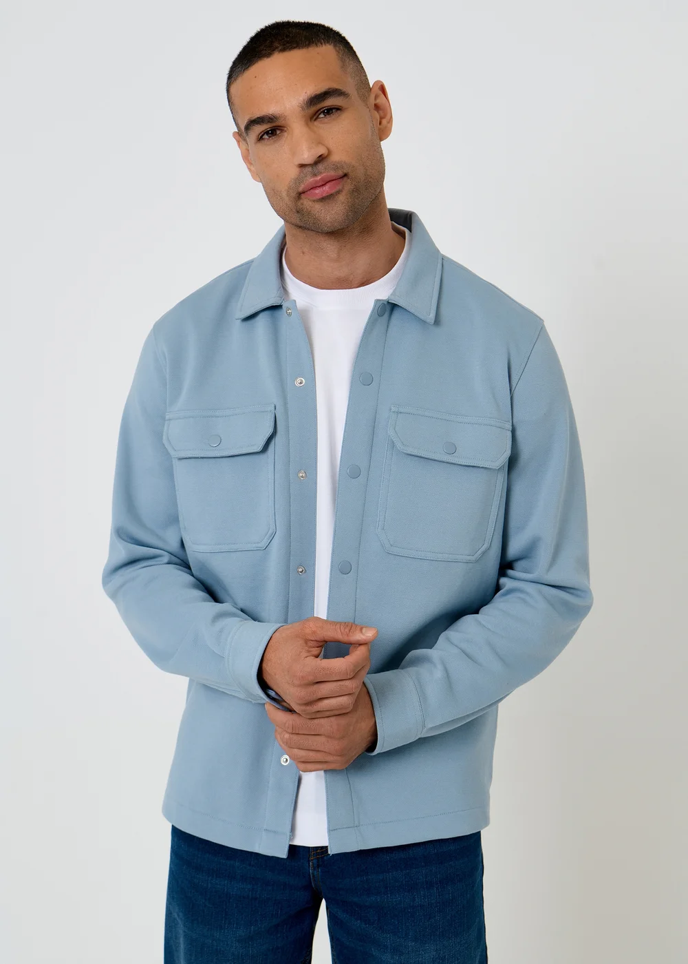 Threadbare Blue Cotton Blend Popper Fastening Pique Shacket - S Image 1