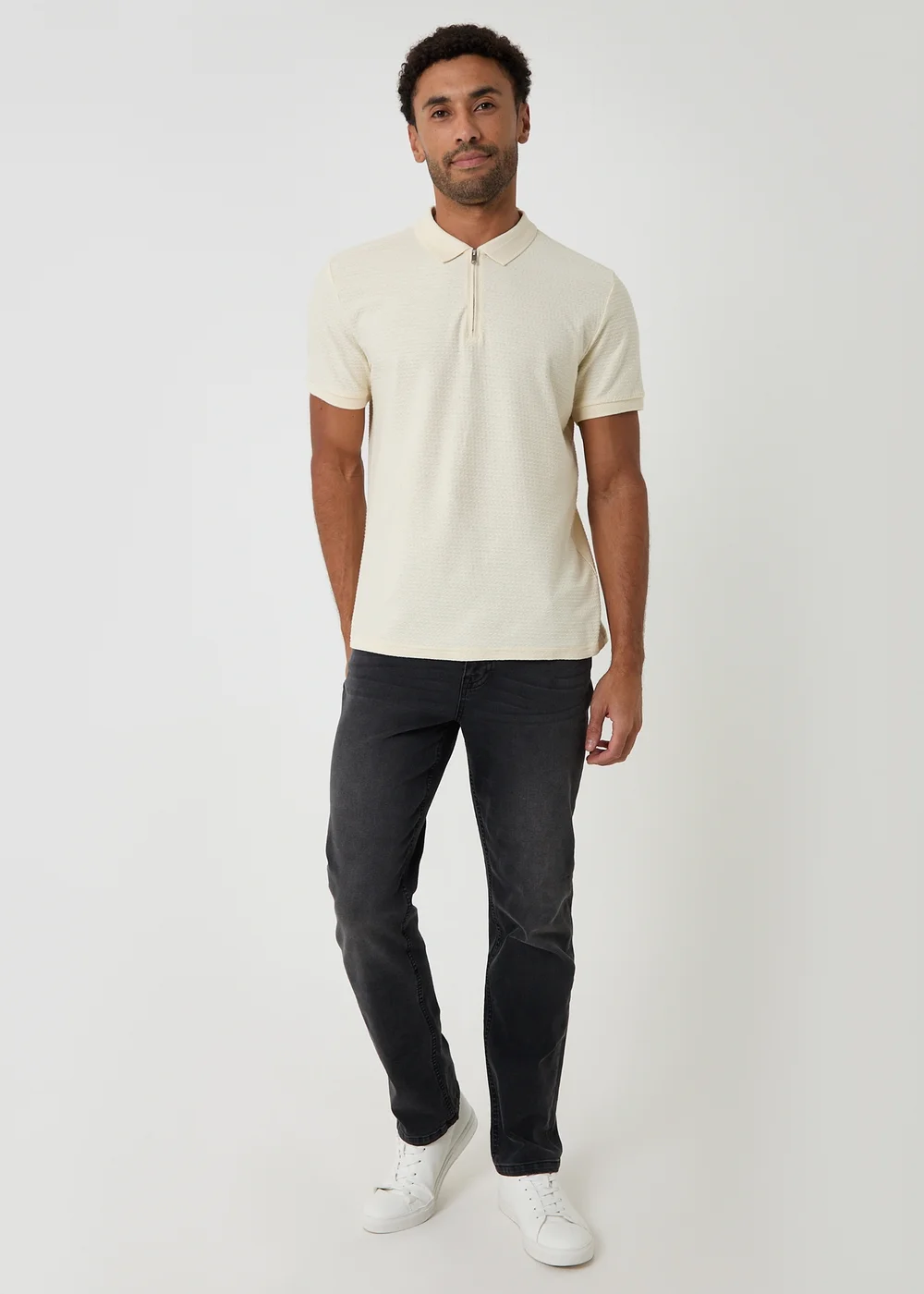 Threadbare Natural Textured Cotton Quarter Zip Polo Shirt - M Image 3