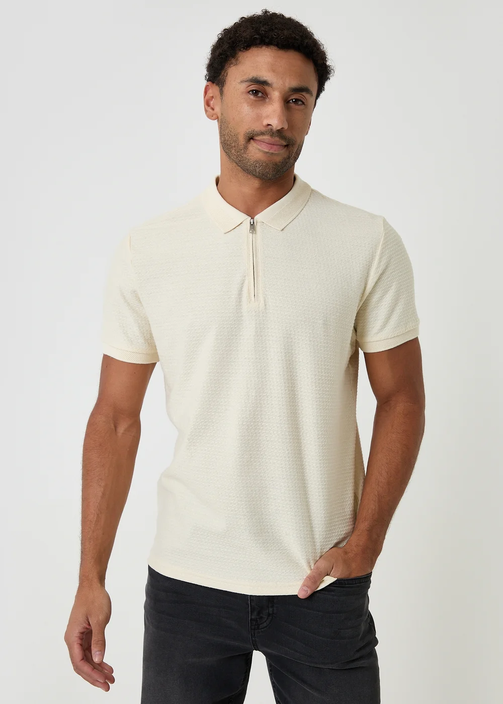 Threadbare Natural Textured Cotton Quarter Zip Polo Shirt - M Image 1
