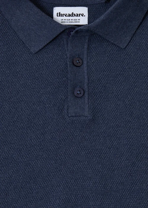 Threadbare Blue Moss Stitch Knitted Polo - L Image 5