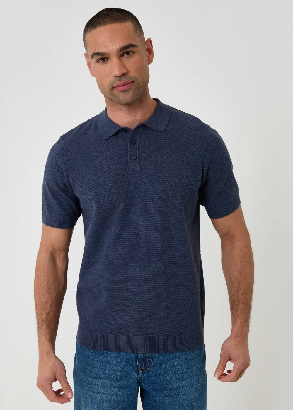 Threadbare Blue Moss Stitch Knitted Polo - L Image 1