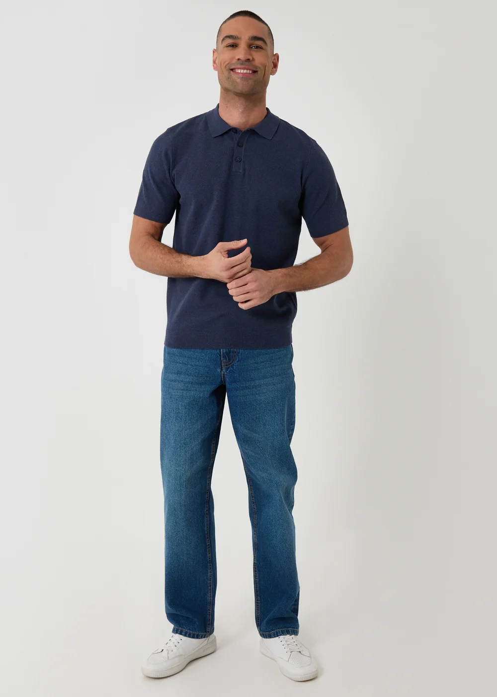 Threadbare Blue Moss Stitch Knitted Polo - L Image 3