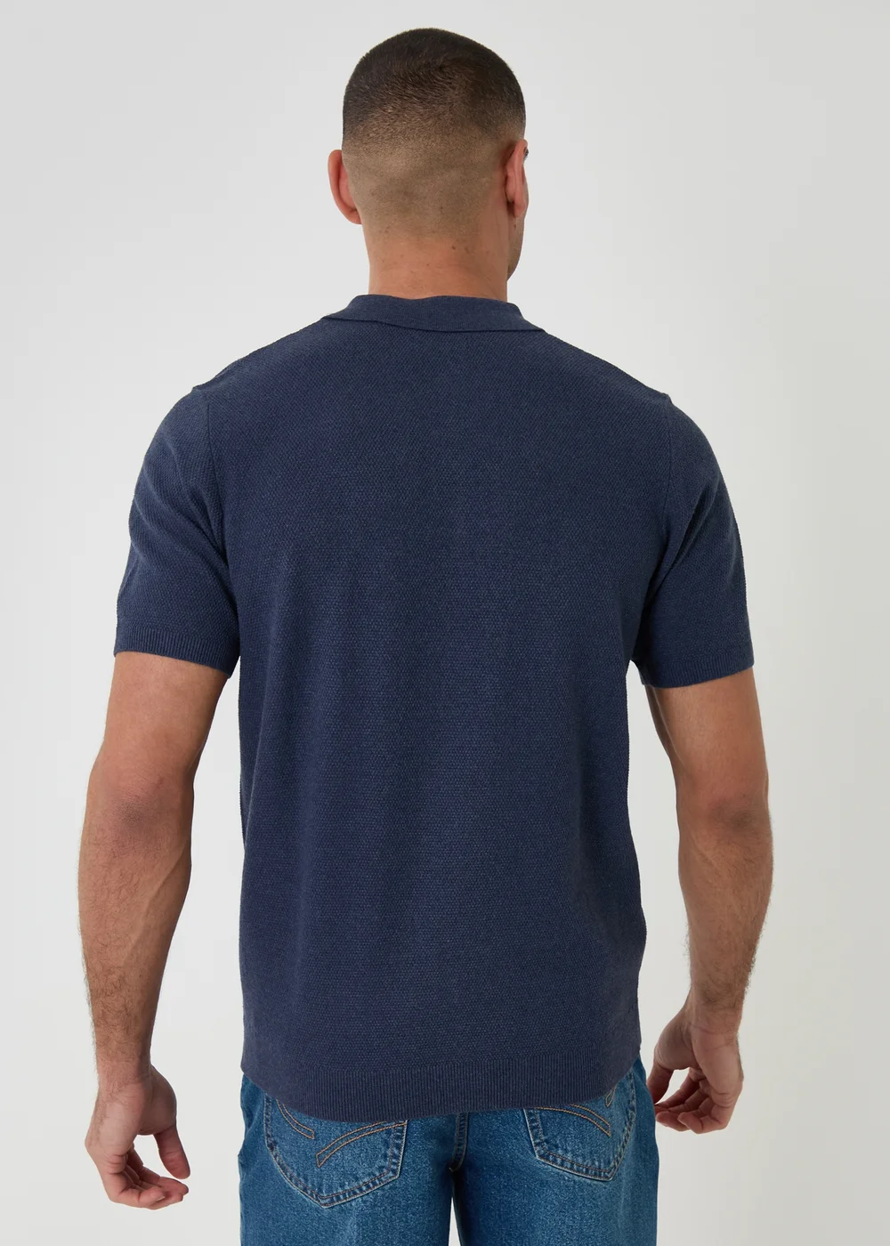Threadbare Blue Moss Stitch Knitted Polo - L Image 2