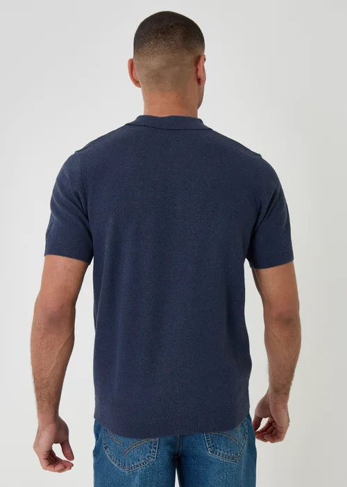 Threadbare Blue Moss Stitch Knitted Polo - L Image 2