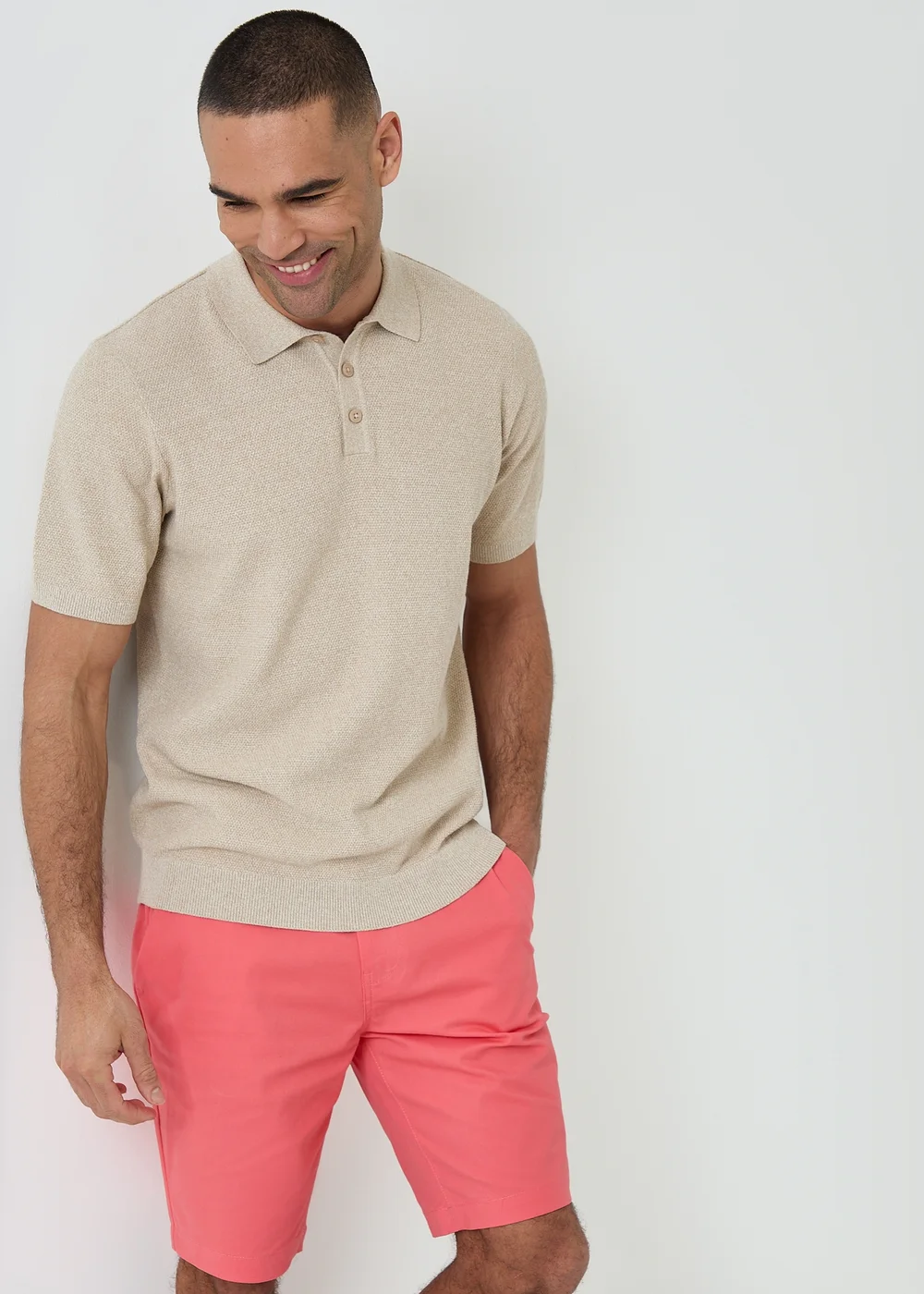 Threadbare Taupe Moss Stitch Knitted Polo - L Image 1